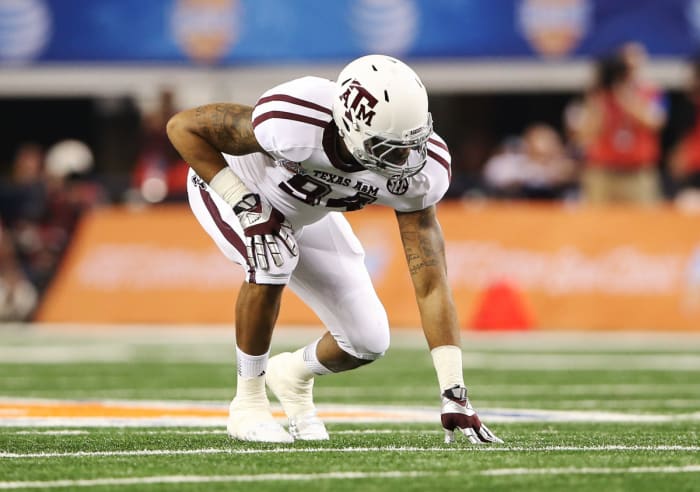 Jan 04, 2013; Arlington, TX, USA; Texas A&M Aggies defensive lineman Damontre Moore (94) during the game against the Oklahoma Sooners in the 2013 Cotton Bowl at Cowboys Stadium. Texas A&M won 41-13. Mandatory Credit: Kevin Jairaj-USA TODAY Sports